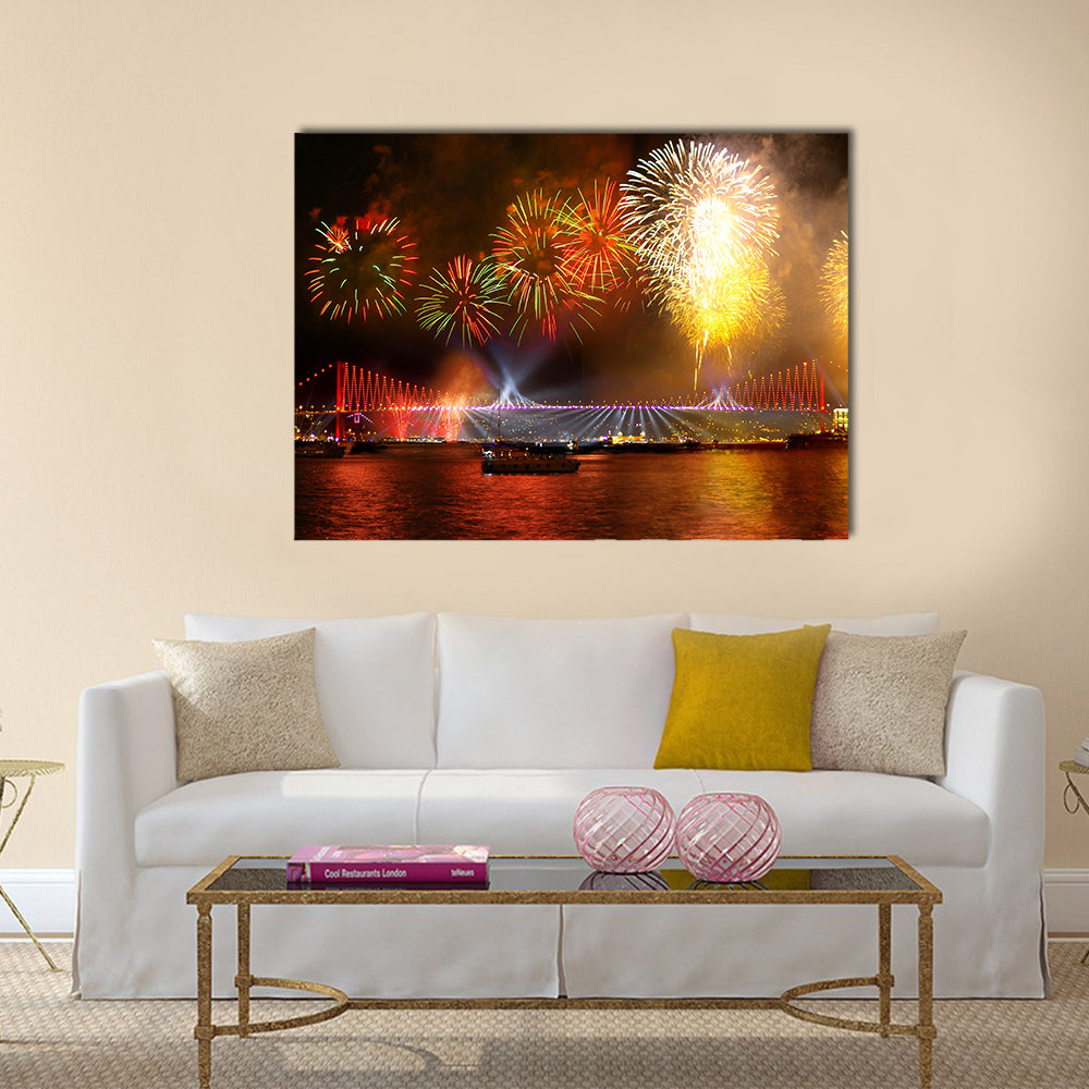 Fireworks over the Istanbul City View of Bosporus Bridge Multi panel canvas wall art