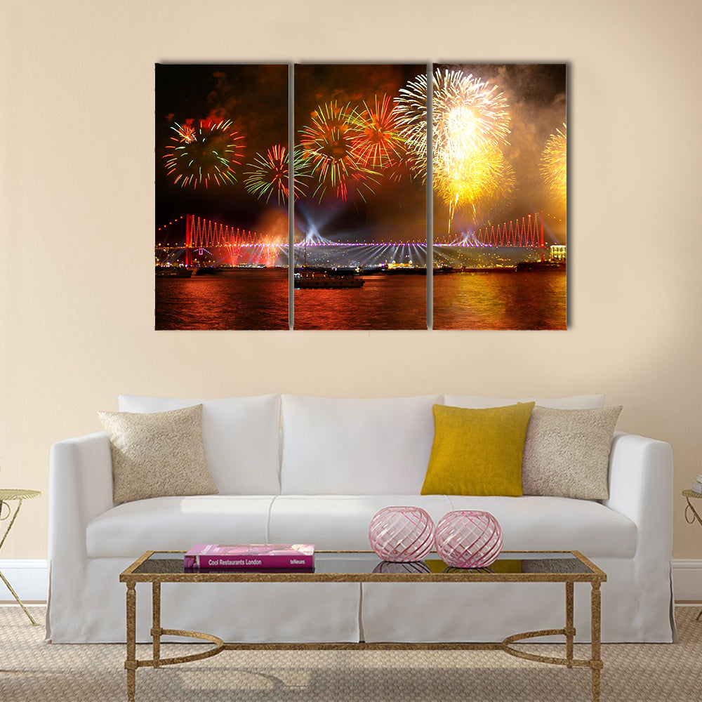 Fireworks over the Istanbul City View of Bosporus Bridge Multi panel canvas wall art