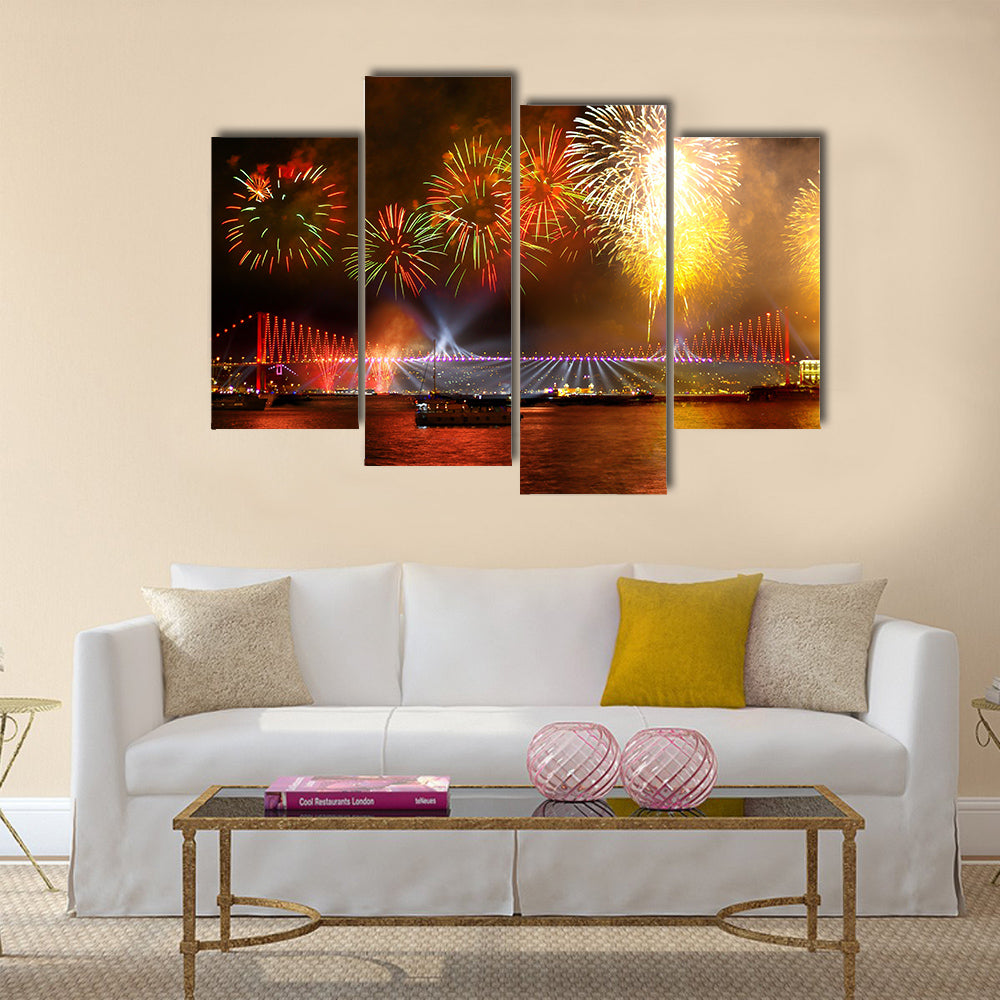 Fireworks over the Istanbul City View of Bosporus Bridge Multi panel canvas wall art