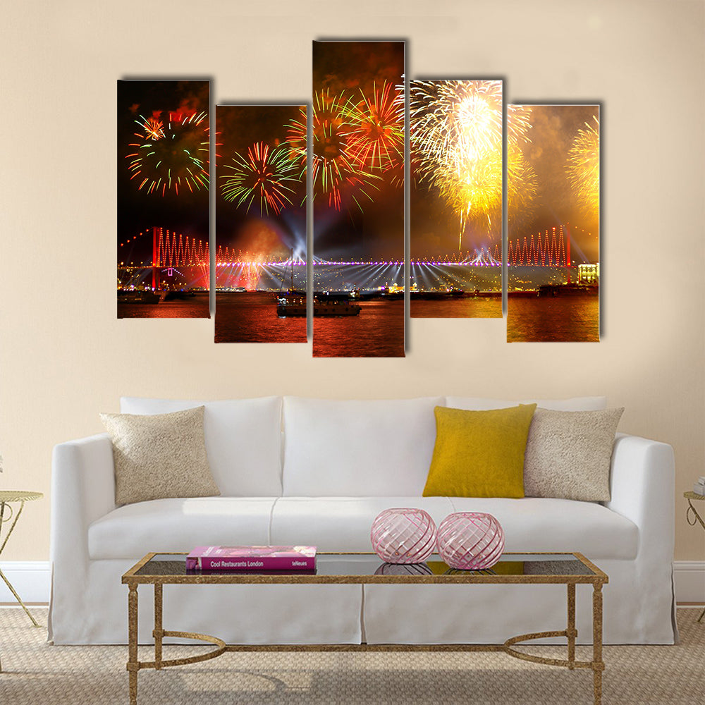 Fireworks over the Istanbul City View of Bosporus Bridge Multi panel canvas wall art