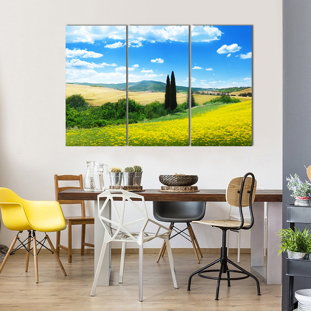 The Field Of The Yellow Flowers, Tuscany, Italy, Multi Panel Canvas Wall Art