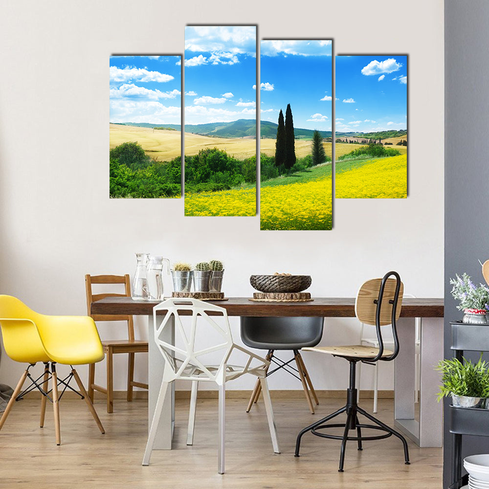 The Field Of The Yellow Flowers, Tuscany, Italy, Multi Panel Canvas Wall Art