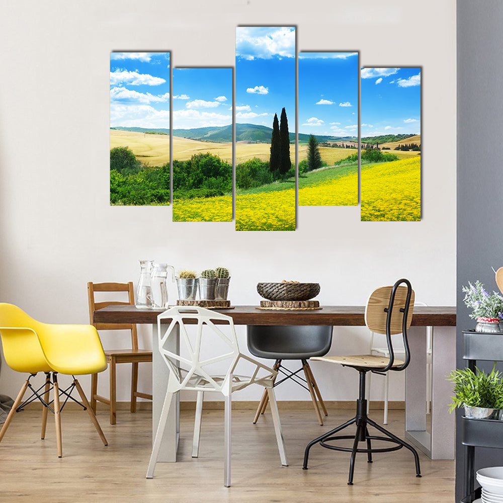 The Field Of The Yellow Flowers, Tuscany, Italy, Multi Panel Canvas Wall Art