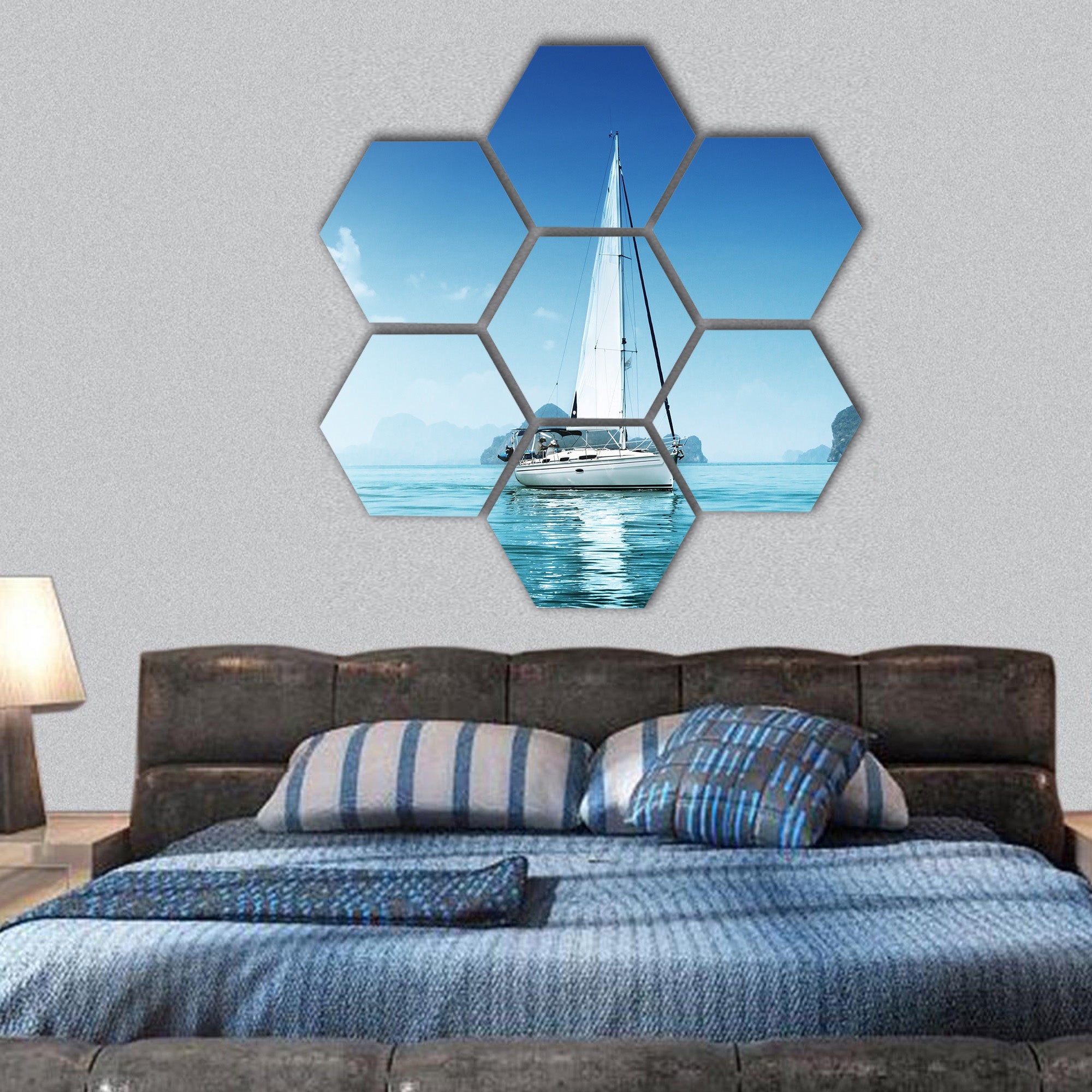 yacht and blue water ocean hexagonal canvas wall art