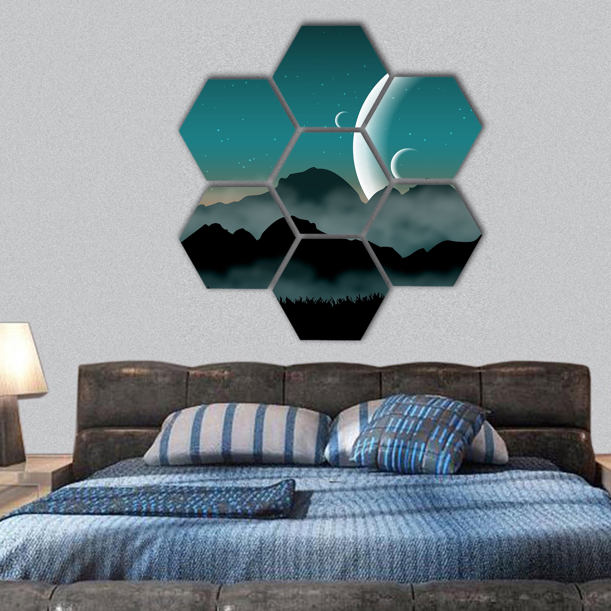 Night sky with silhouette mountains hexagonal canvas wall art