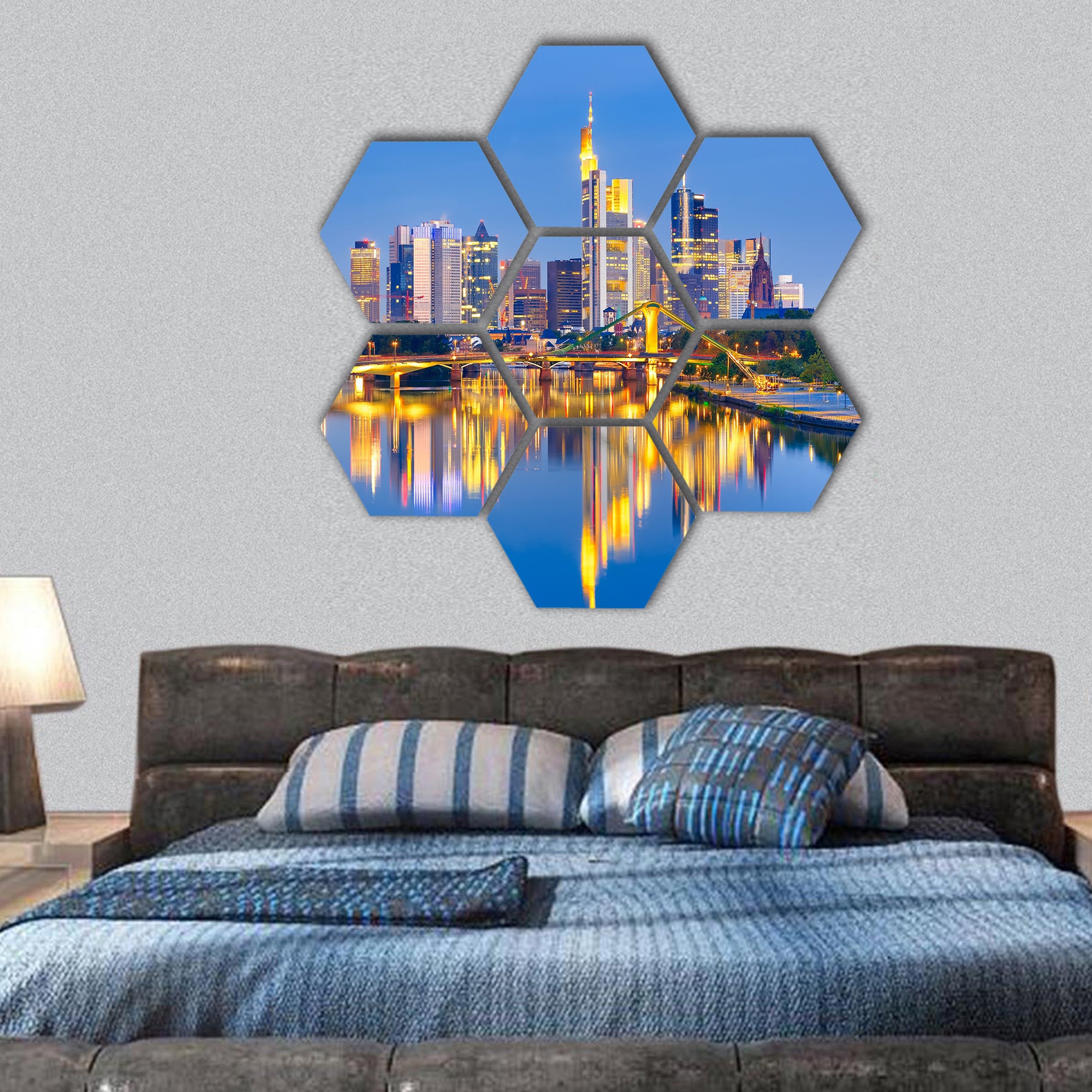 Frankfurt am Mine at night, Germany hexagonal canvas wall art