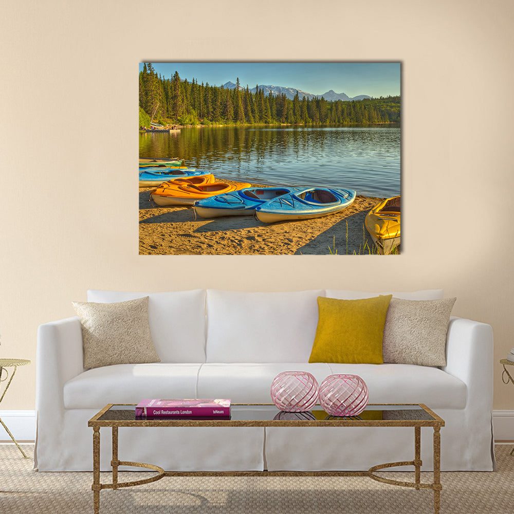 Kayaks at Pyramid Lake in Jasper National Park, Alberta, Canada multi panel canvas wall art