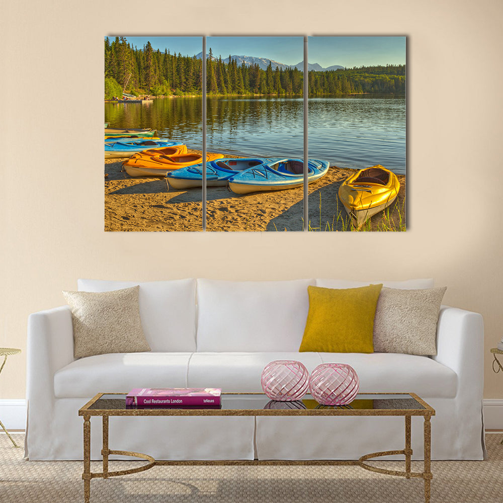 Kayaks at Pyramid Lake in Jasper National Park, Alberta, Canada multi panel canvas wall art