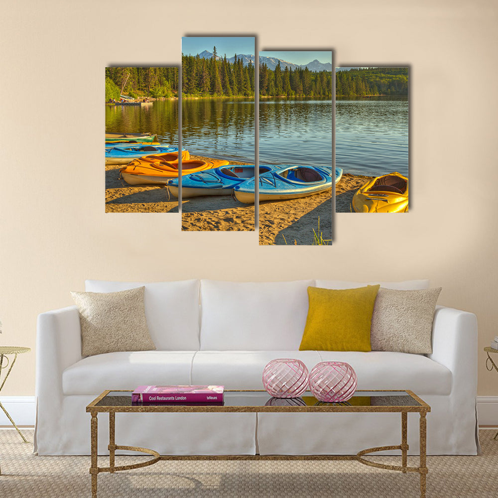 Kayaks at Pyramid Lake in Jasper National Park, Alberta, Canada multi panel canvas wall art