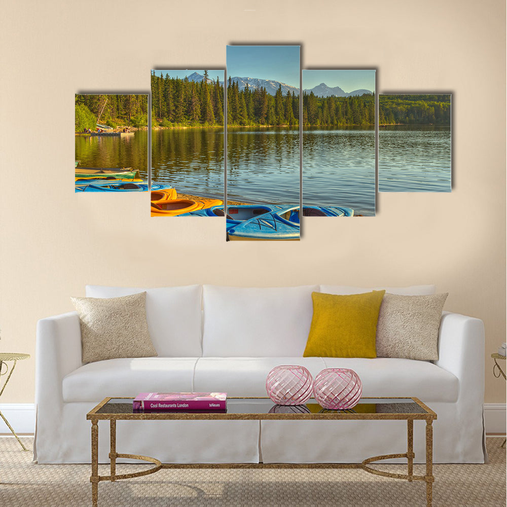 Kayaks at Pyramid Lake in Jasper National Park, Alberta, Canada multi panel canvas wall art