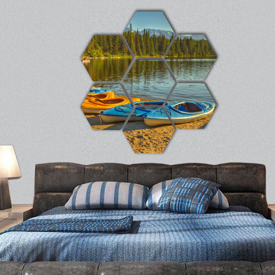 Kayaks at Pyramid Lake in Jasper National Park, Canada hexagonal canvas wall art