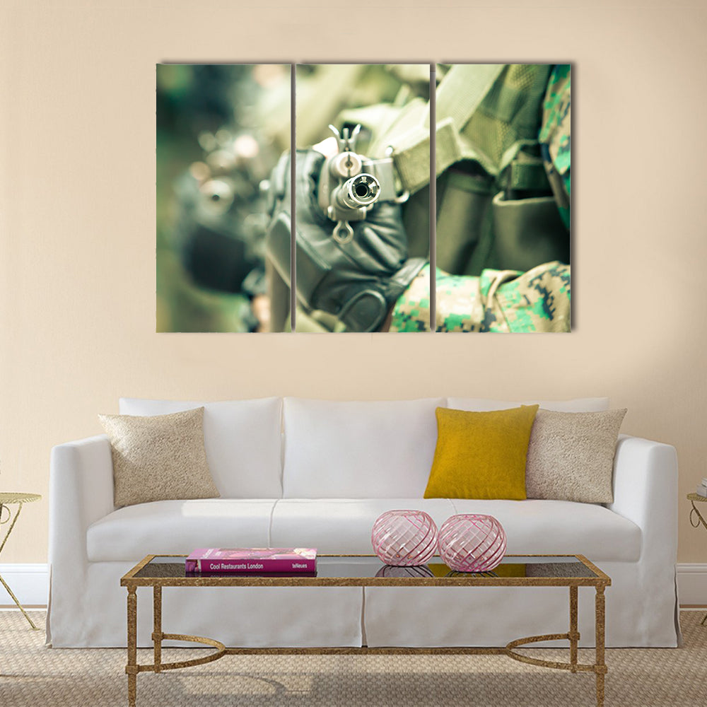 Young soldiers with guns Multi Panel Canvas Wall Art