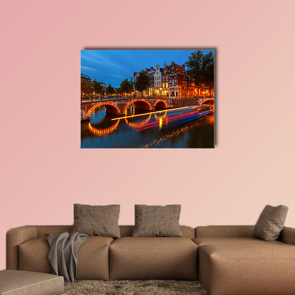 Canals in Amsterdam at night multi panel canvas wall art