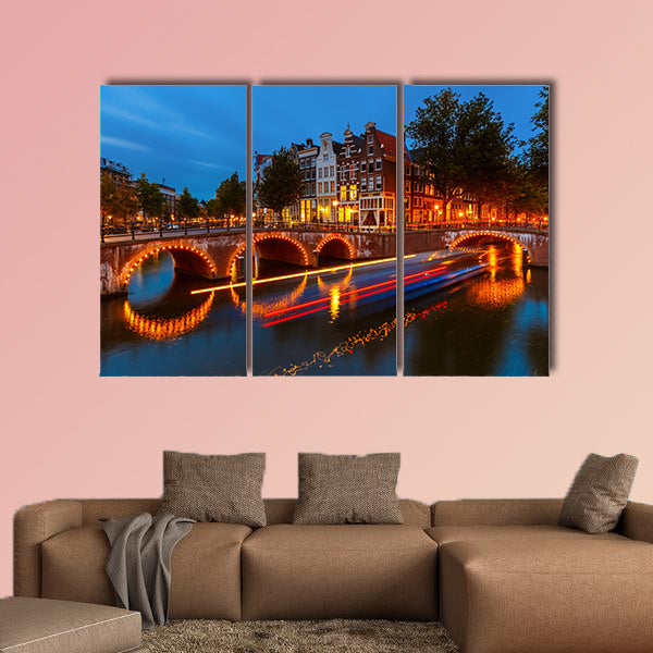 Canals in Amsterdam at night multi panel canvas wall art