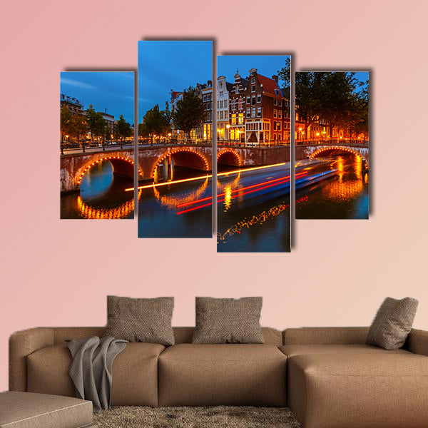 Canals in Amsterdam at night multi panel canvas wall art