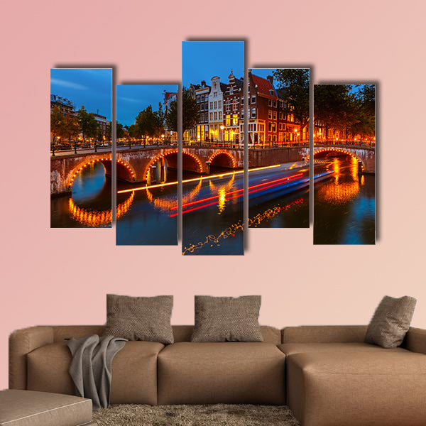 Canals in Amsterdam at night multi panel canvas wall art