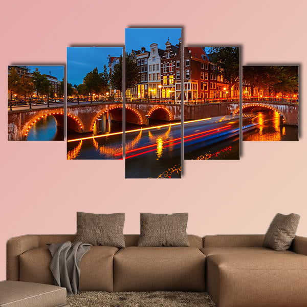 Canals in Amsterdam at night multi panel canvas wall art