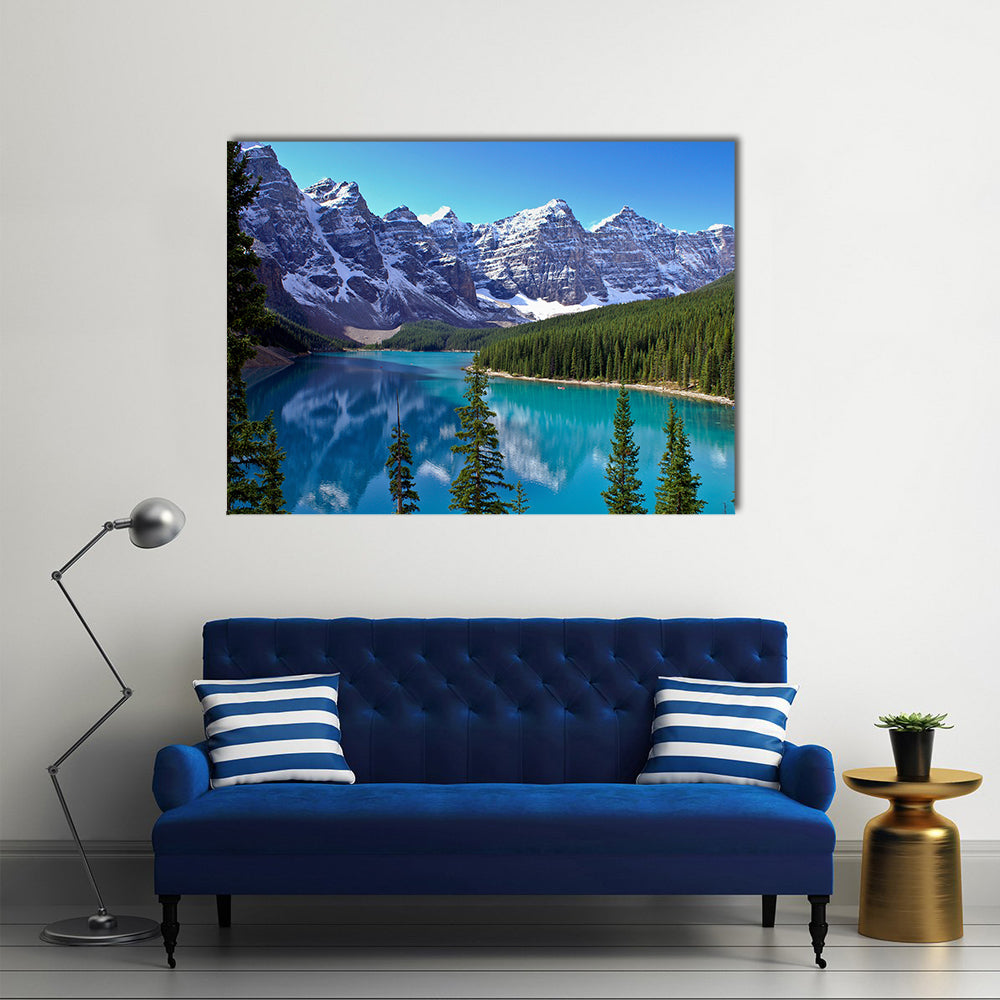 Morraine Lake Surrounded By Mountains And Greenery In Canada, Multi Panel Canvas Wall Art