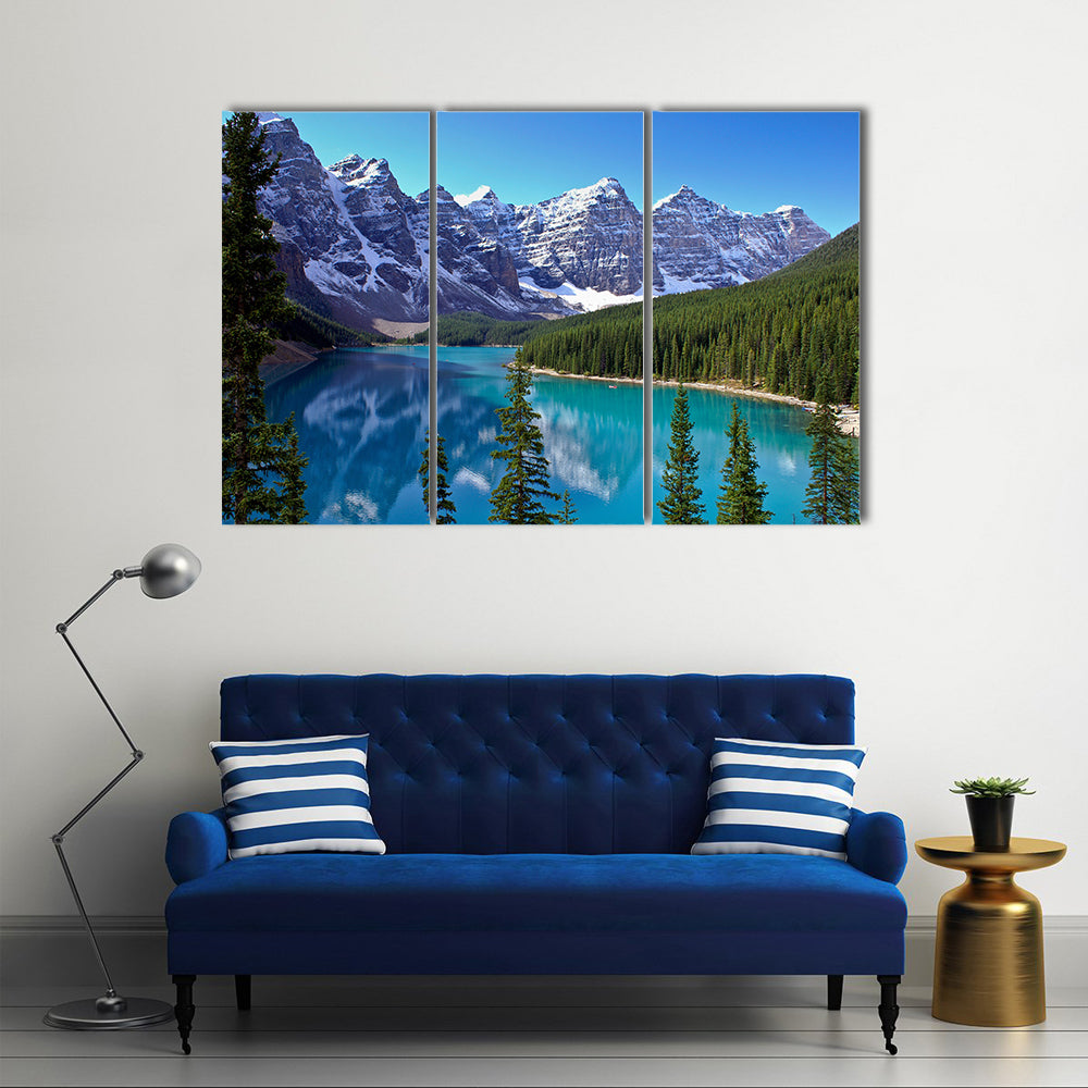 Morraine Lake Surrounded By Mountains And Greenery In Canada, Multi Panel Canvas Wall Art