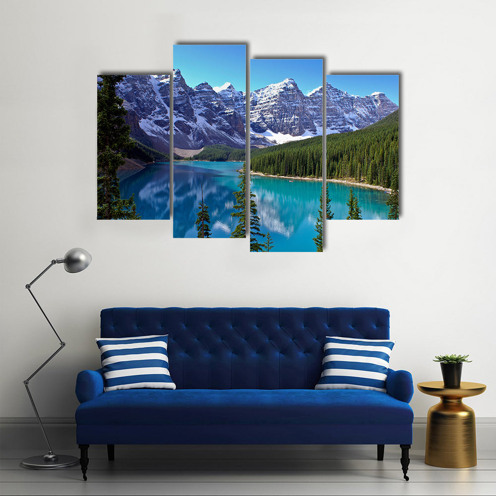Morraine Lake Surrounded By Mountains And Greenery In Canada, Multi Panel Canvas Wall Art