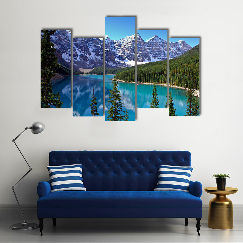 Morraine Lake Surrounded By Mountains And Greenery In Canada, Multi Panel Canvas Wall Art