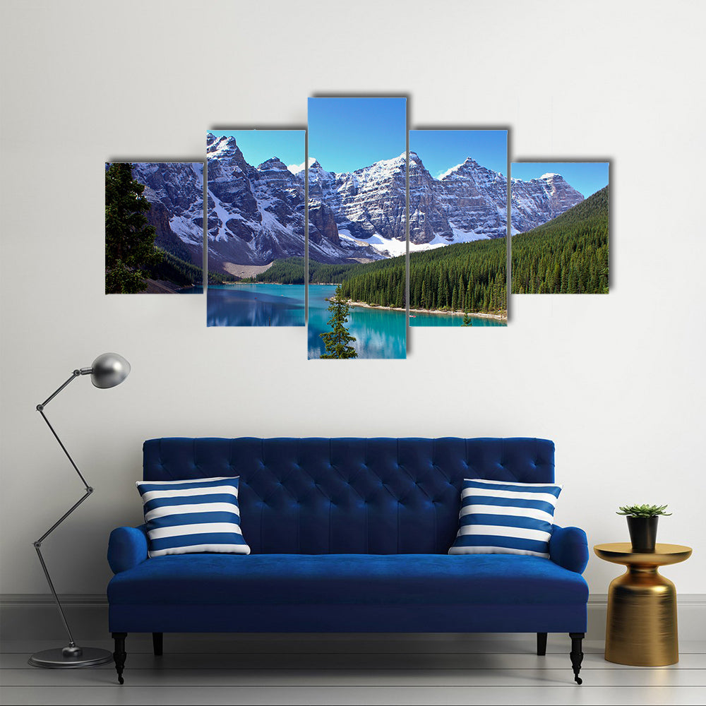 Morraine Lake Surrounded By Mountains And Greenery In Canada, Multi Panel Canvas Wall Art