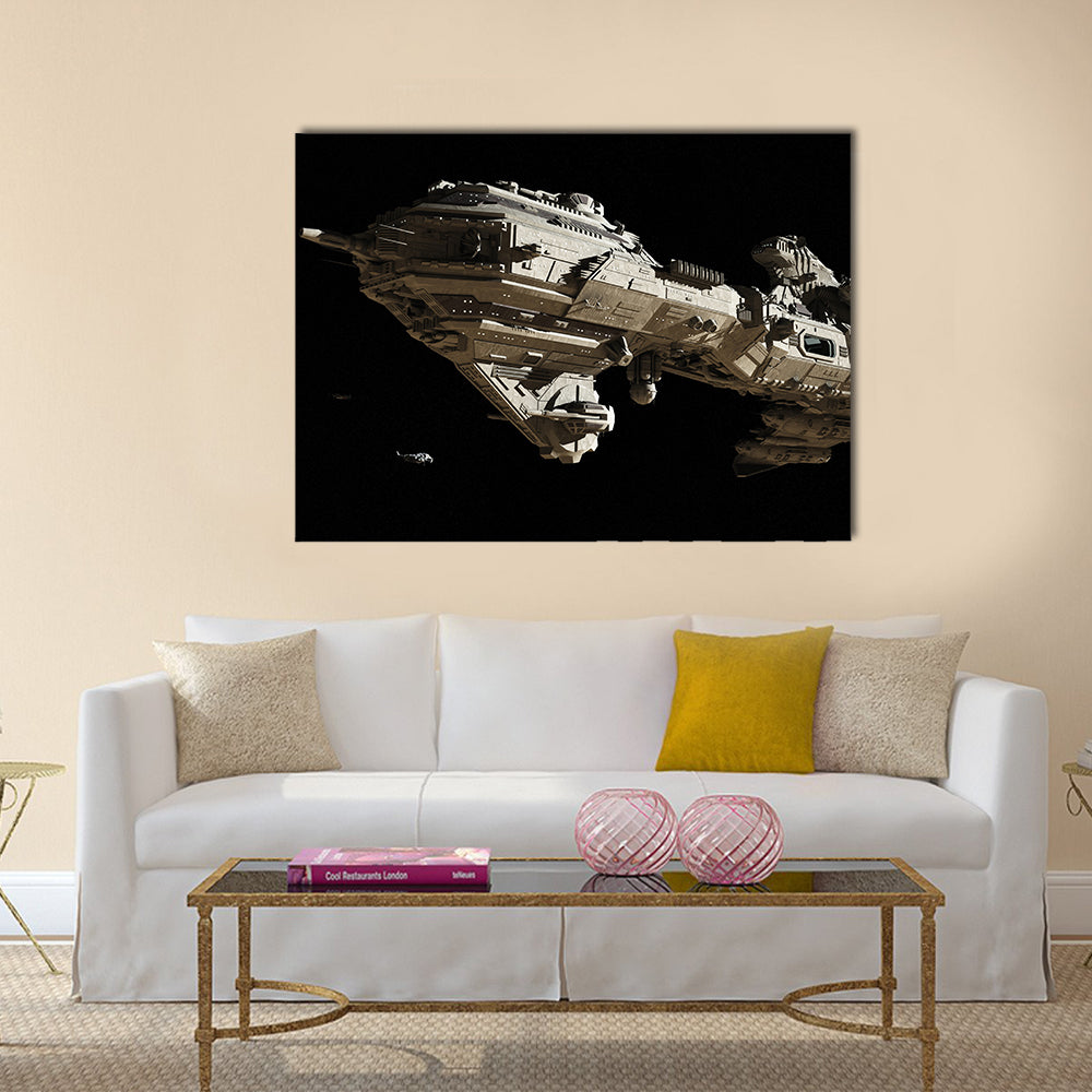 Science fiction scene of a futuristic interstellar escort frigate and small scout ships traveling through deep space, Multi Panel Canvas Wall Art