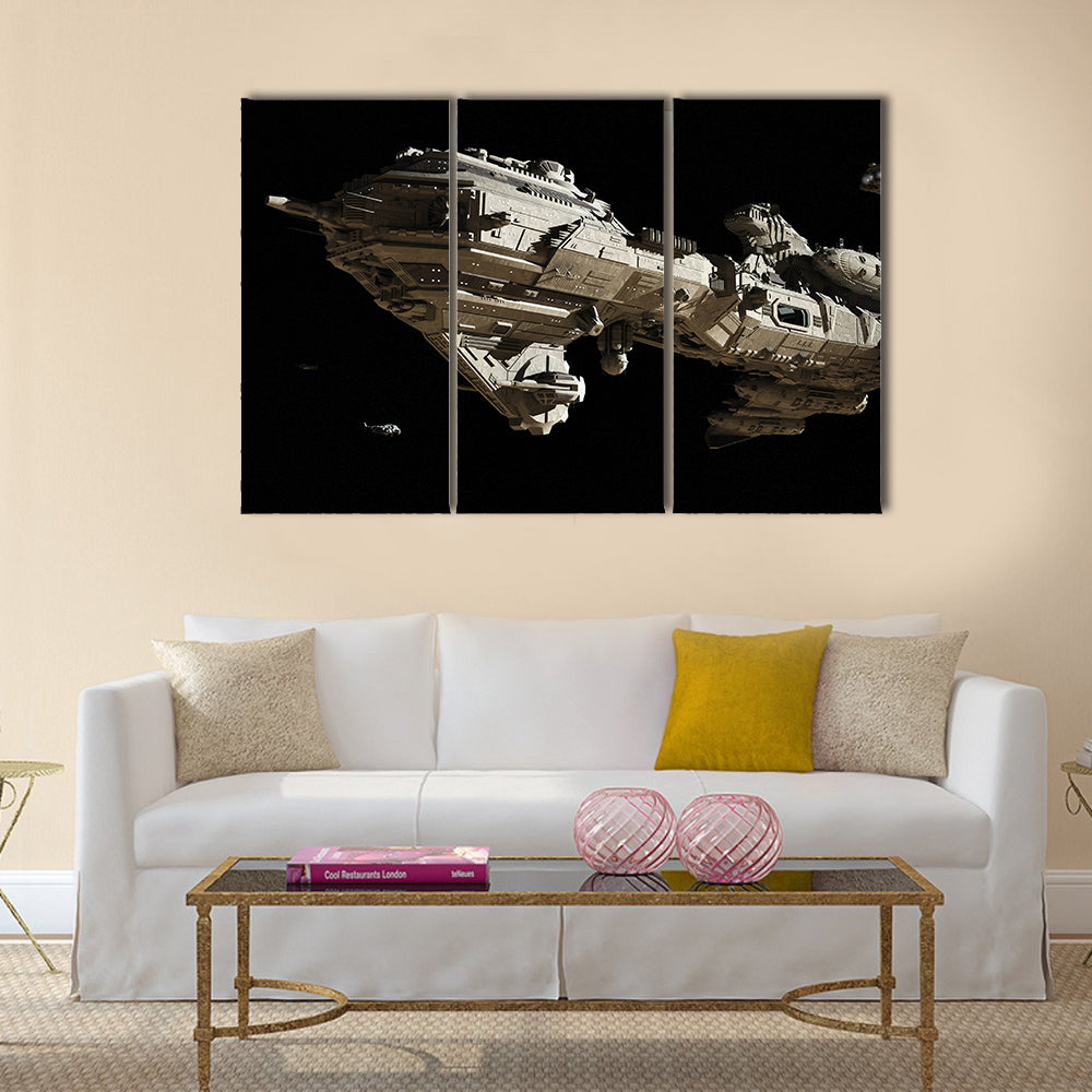 Science fiction scene of a futuristic interstellar escort frigate and small scout ships traveling through deep space, Multi Panel Canvas Wall Art