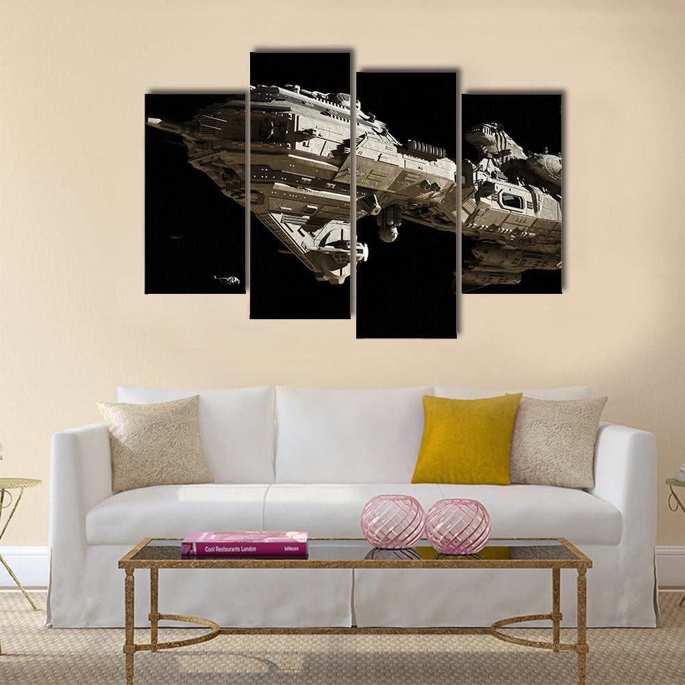 Science fiction scene of a futuristic interstellar escort frigate and small scout ships traveling through deep space, Multi Panel Canvas Wall Art