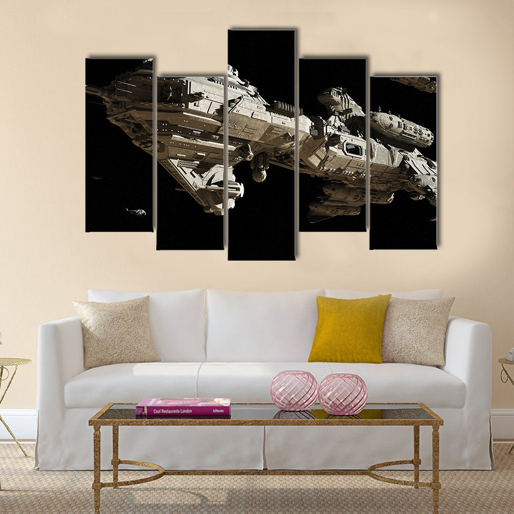 Science fiction scene of a futuristic interstellar escort frigate and small scout ships traveling through deep space, Multi Panel Canvas Wall Art