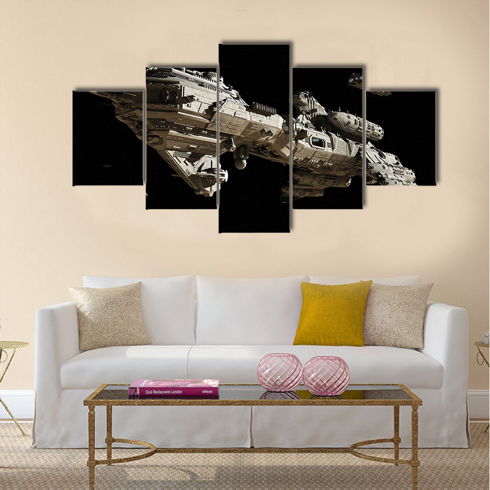 Science fiction scene of a futuristic interstellar escort frigate and small scout ships traveling through deep space, Multi Panel Canvas Wall Art