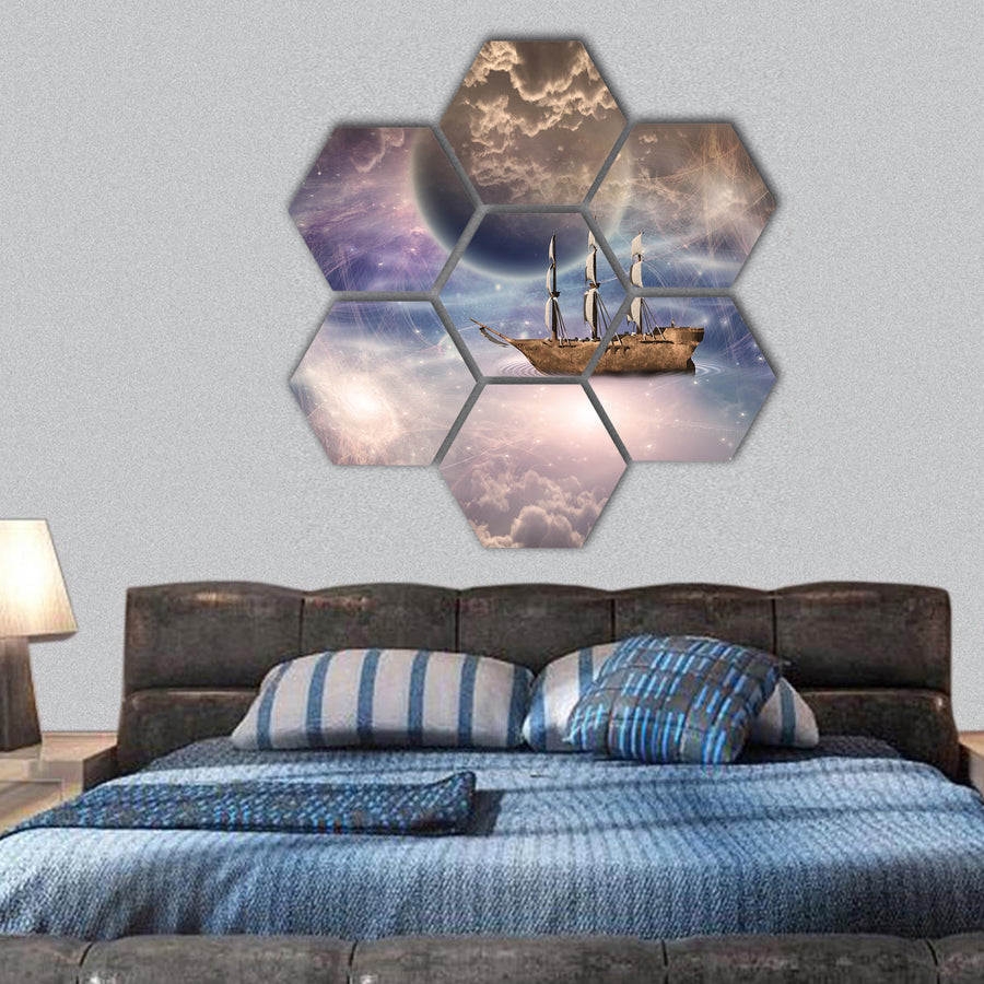 Sailing ship with full sails in fantastic scene hexagonal canvas wall art