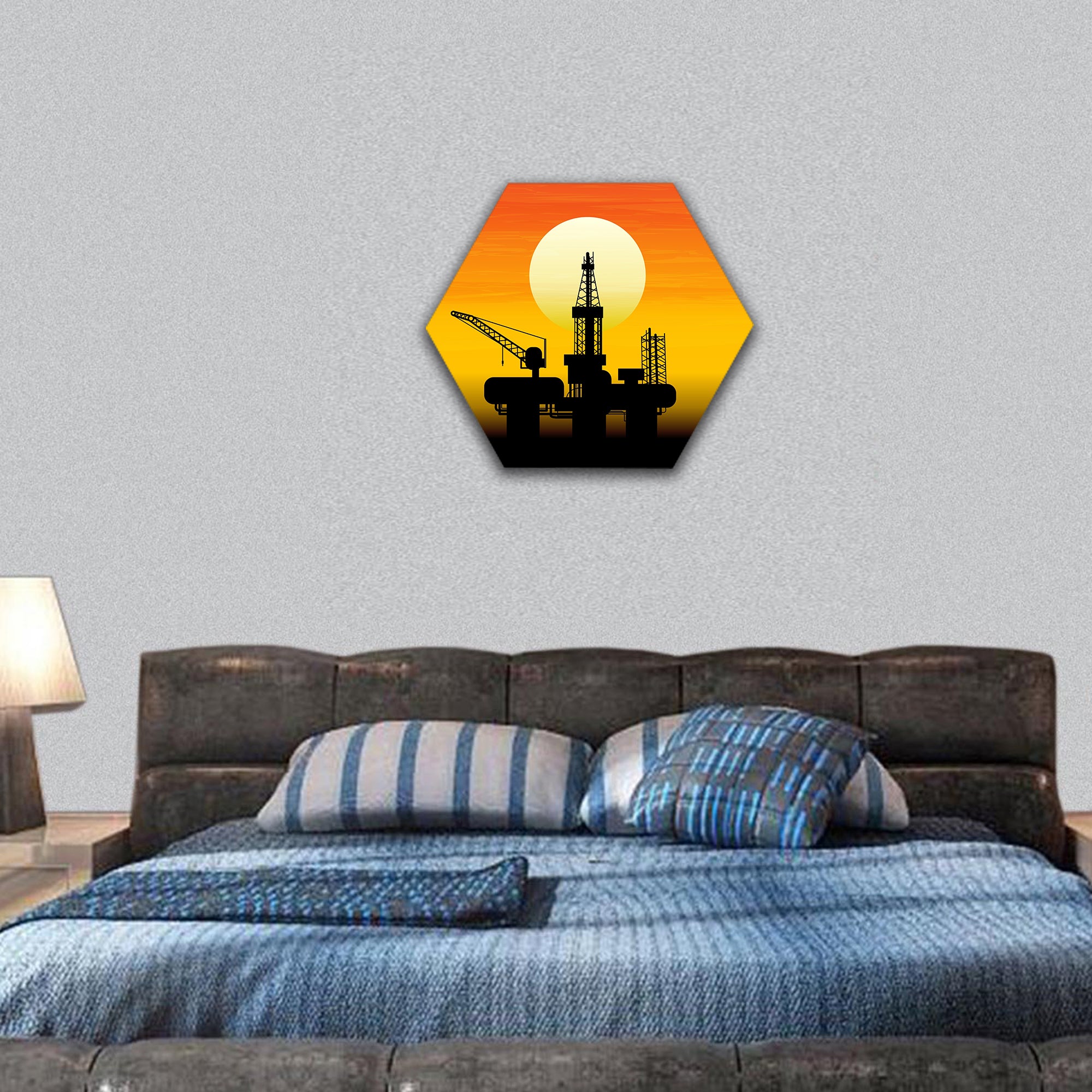 Oil derrick in sea for industrial design hexagonal canvas wall art