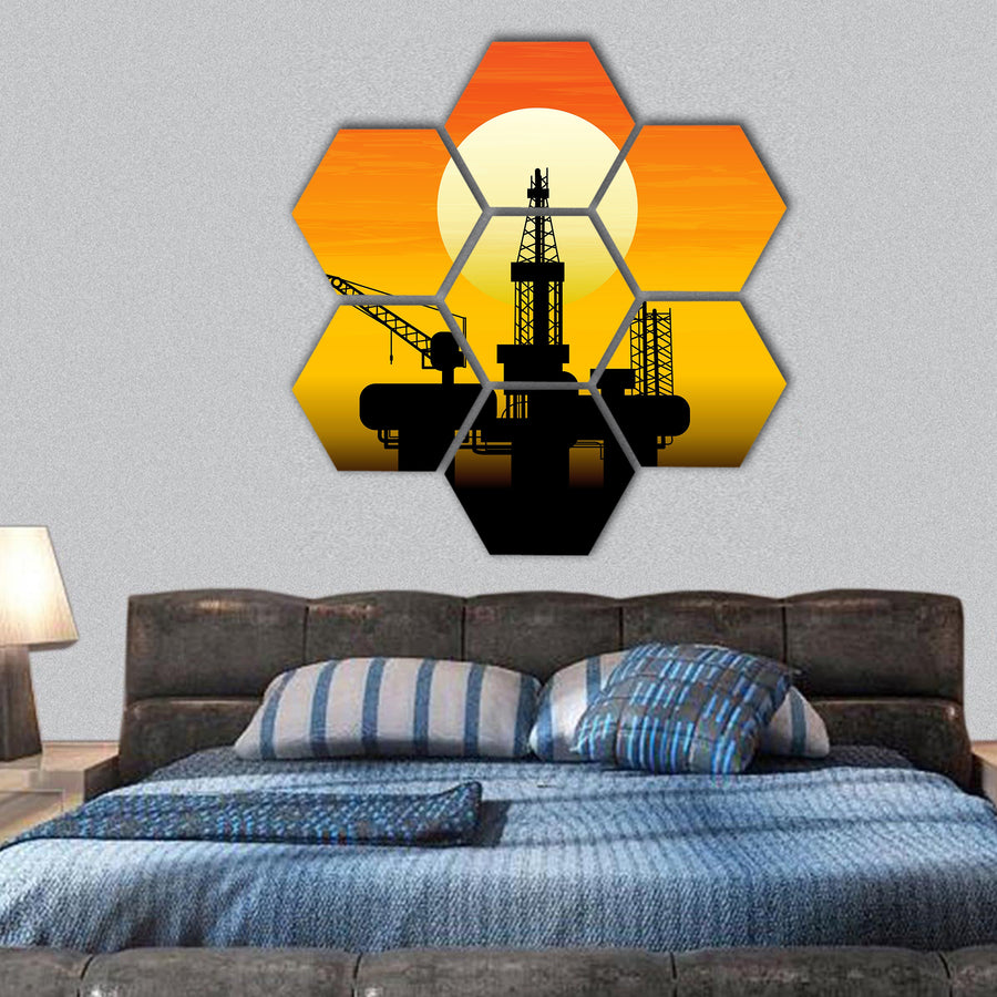 Oil derrick in sea for industrial design hexagonal canvas wall art