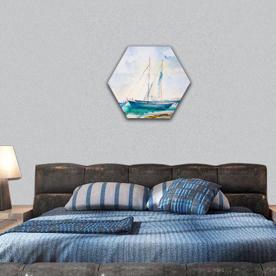 Ships in the sea, watercolor painting hexagonal canvas wall art