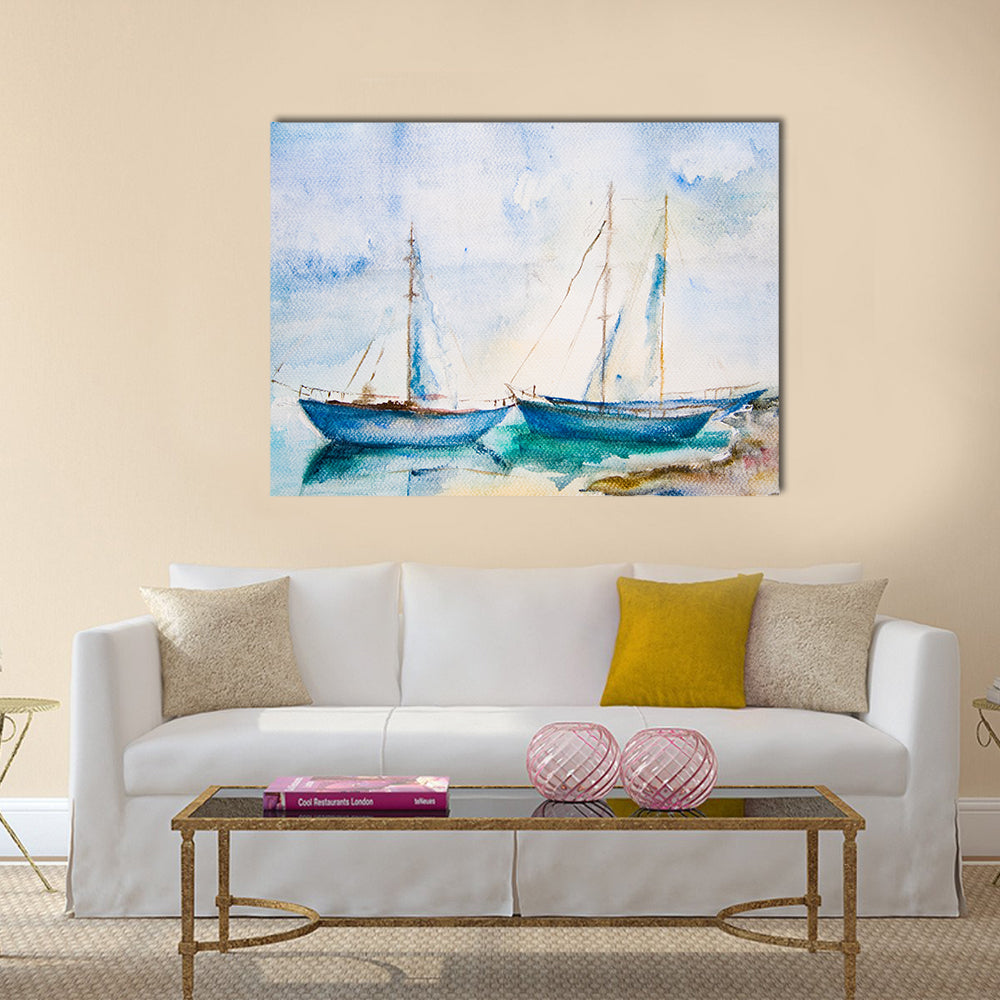 Ships in the sea, watercolor painting Multi Panel Canvas Wall Art