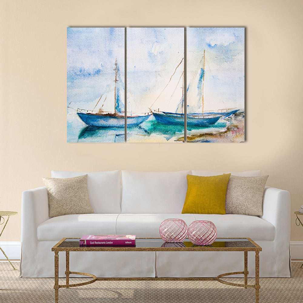 Ships in the sea, watercolor painting Multi Panel Canvas Wall Art
