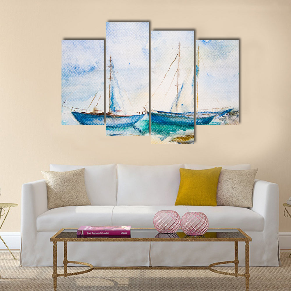 Ships in the sea, watercolor painting Multi Panel Canvas Wall Art