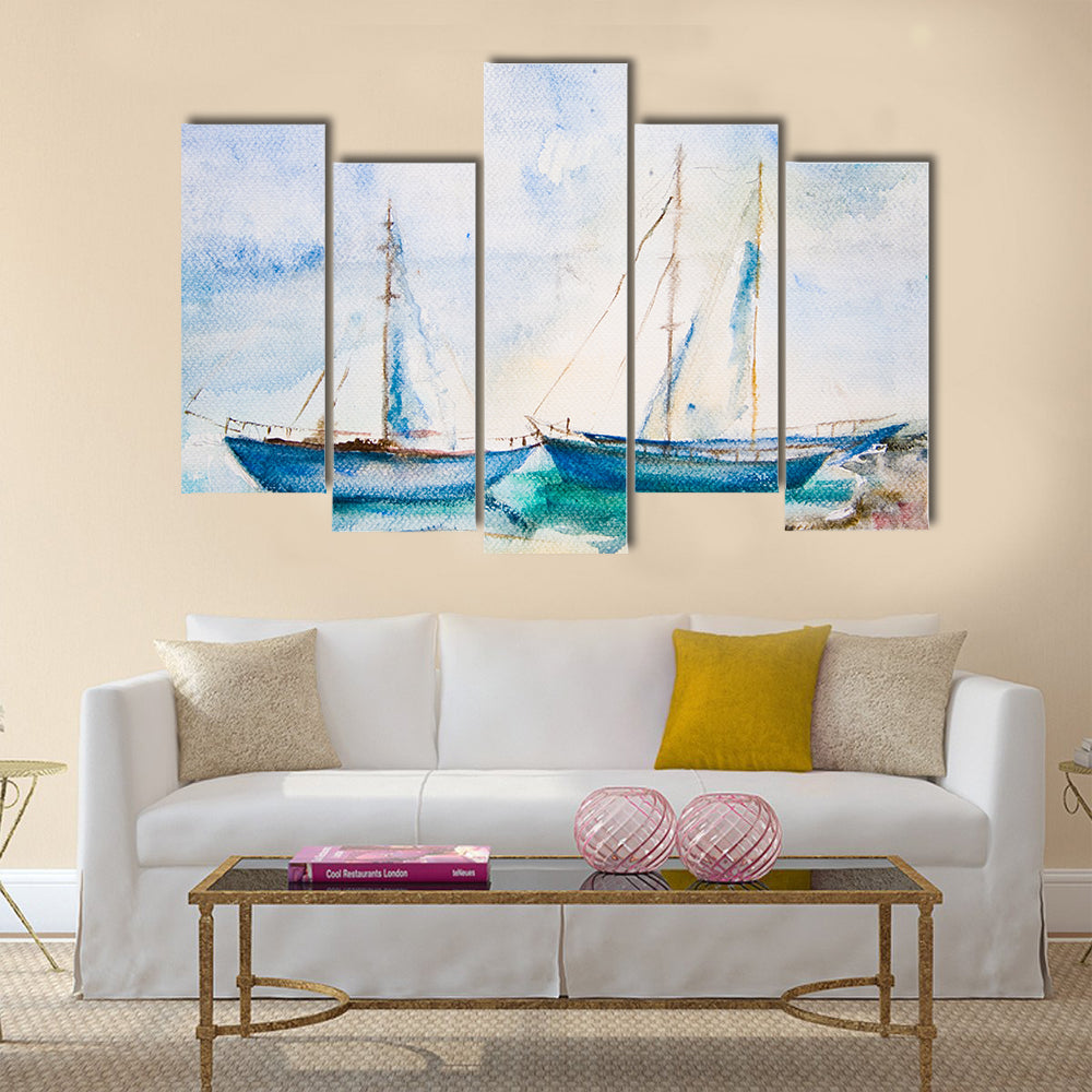 Ships in the sea, watercolor painting Multi Panel Canvas Wall Art