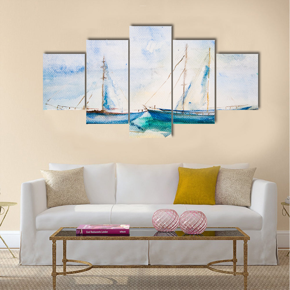 Ships in the sea, watercolor painting Multi Panel Canvas Wall Art