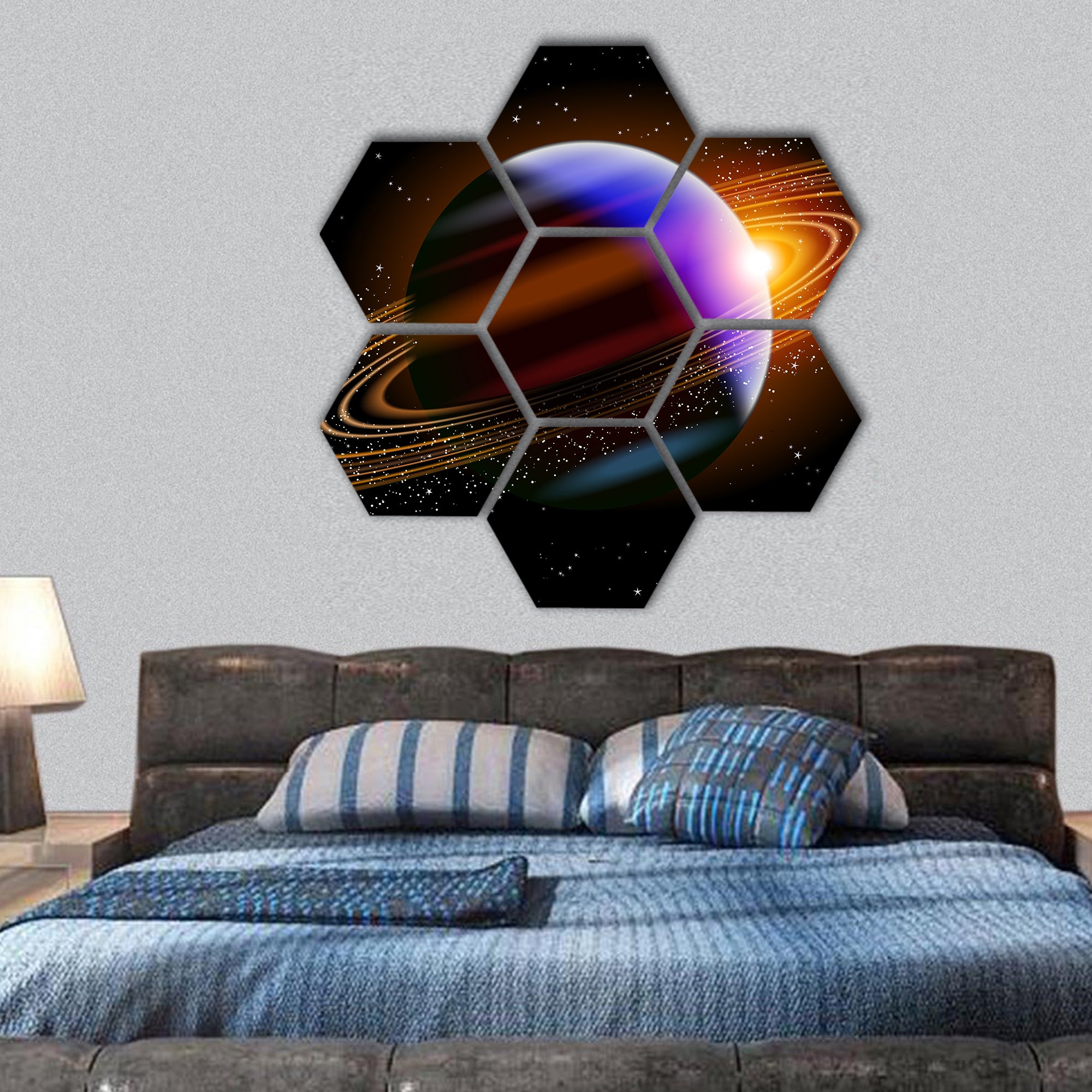 Saturn In Space hexagonal canvas wall art