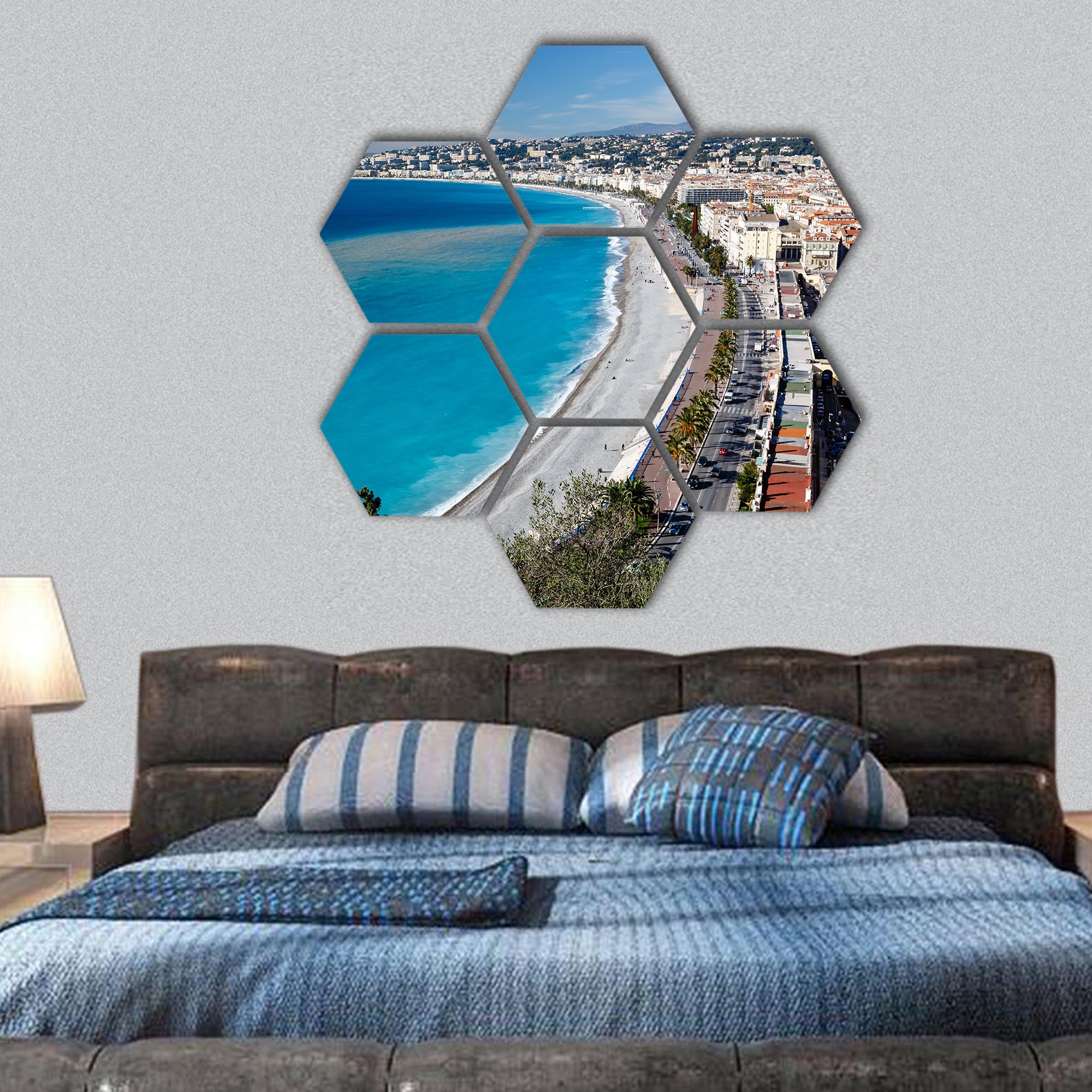 Promenade des Anglais and Beautiful Beach in Nice, French Riviera, France hexagonal canvas wall art