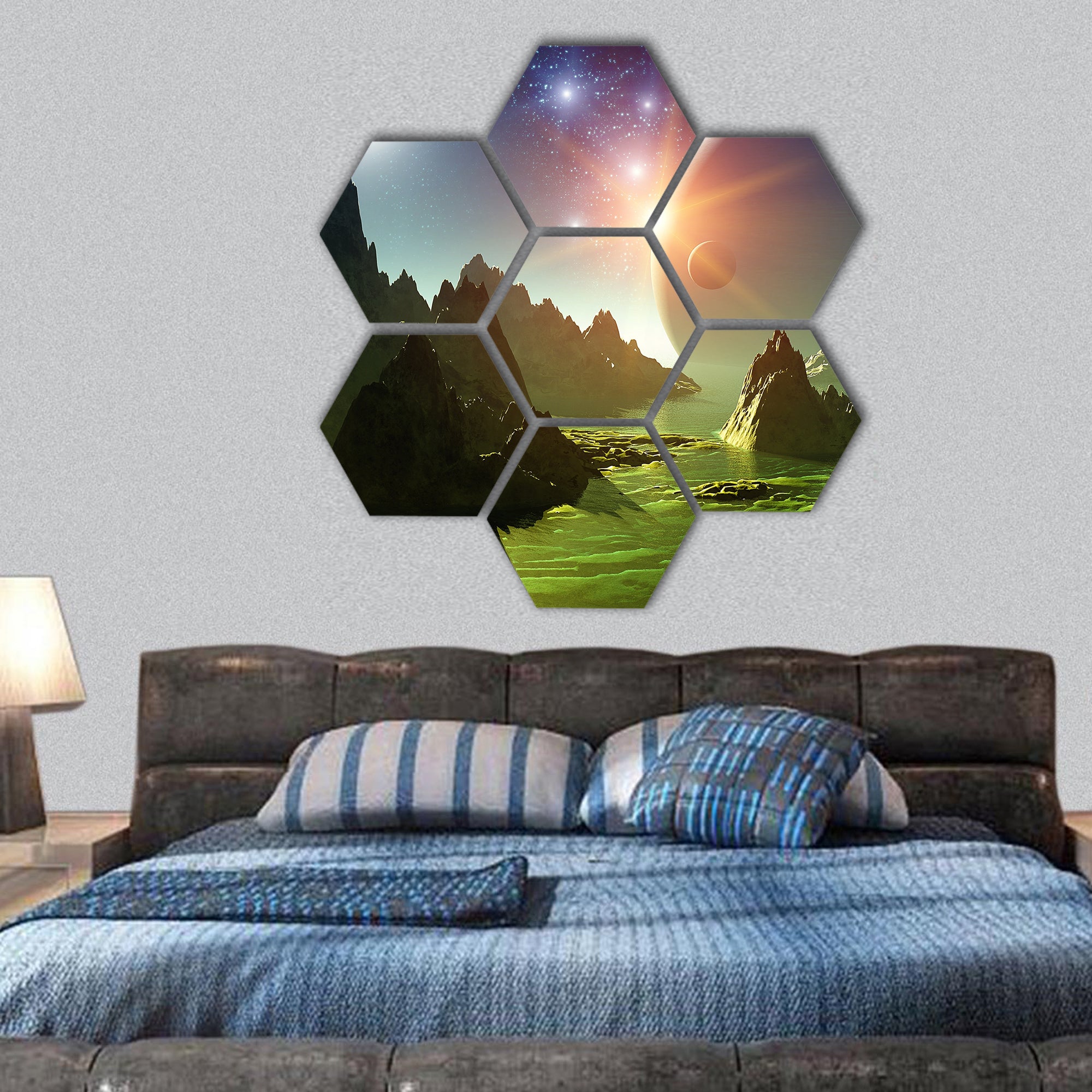 Fantasy landscape hexagonal canvas wall art