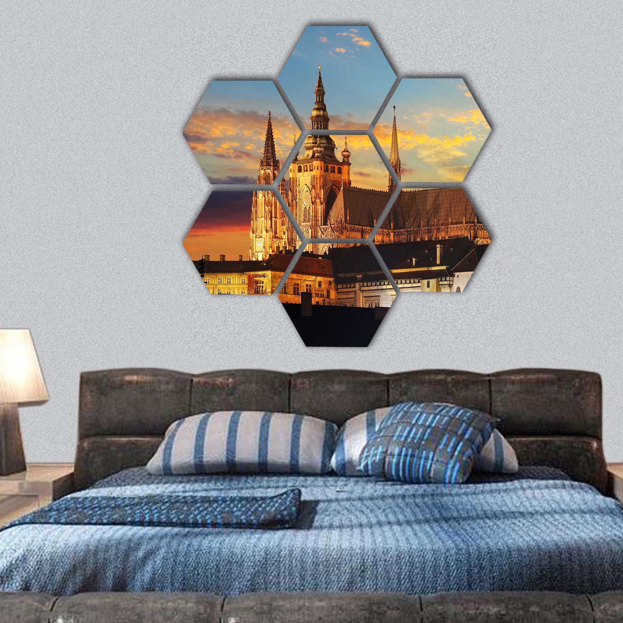 Prague Castle at sunset, Czech republic hexagonal canvas wall art