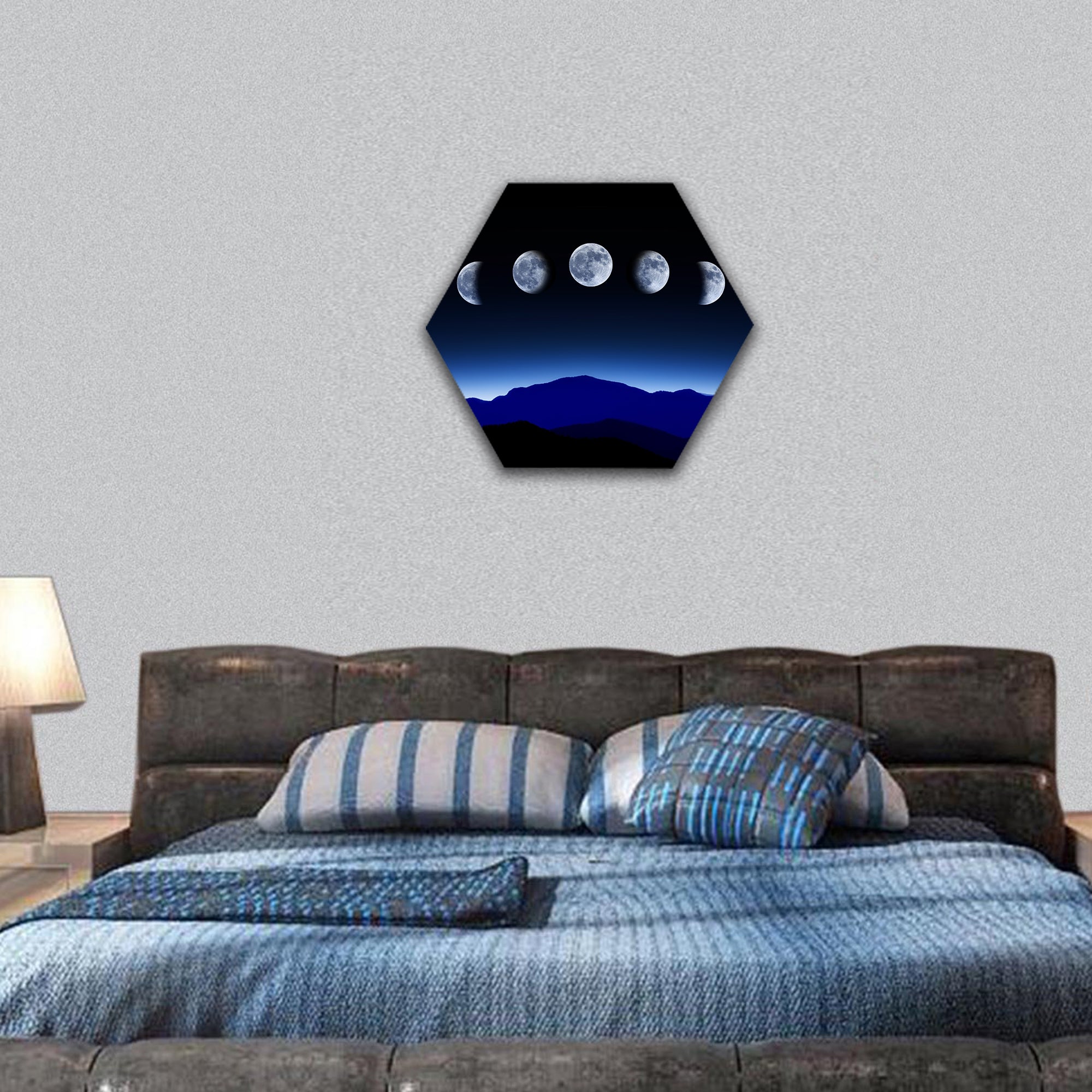 Moon lunar cycle in night sky hexagonal canvas wall art