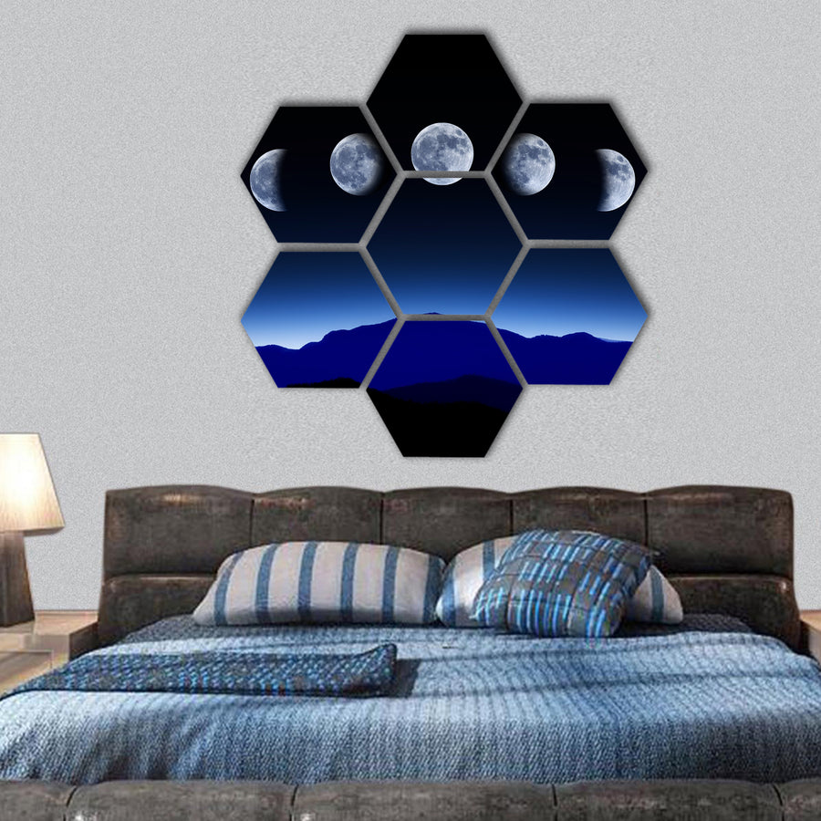 Moon lunar cycle in night sky hexagonal canvas wall art