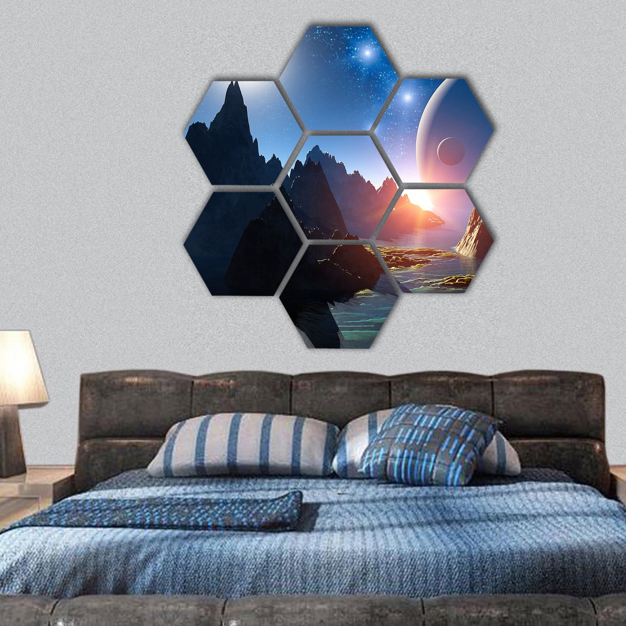 3D Fantasy landscape hexagonal canvas wall art