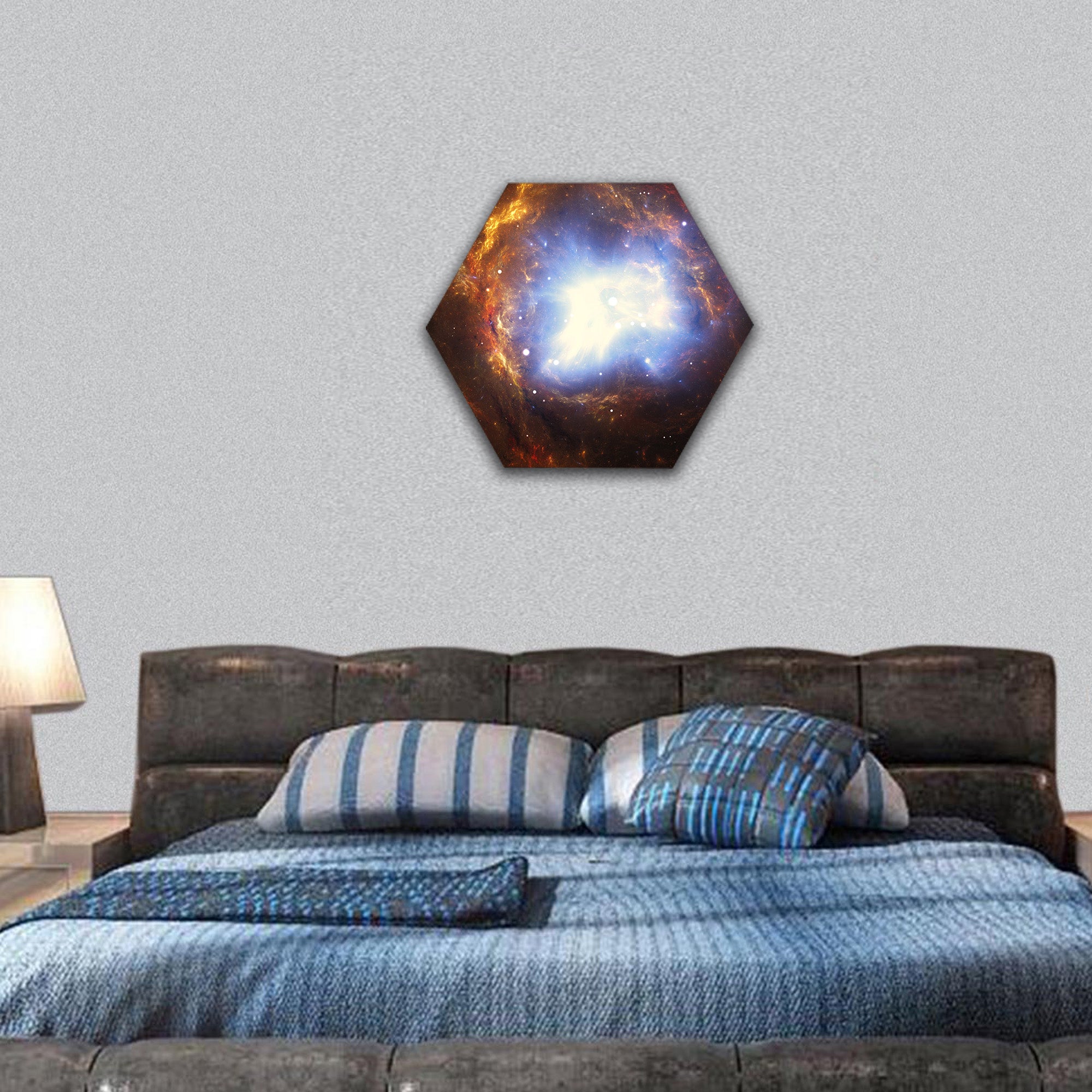 Colorful nebula created by a supernova explosion hexagonal canvas wall art