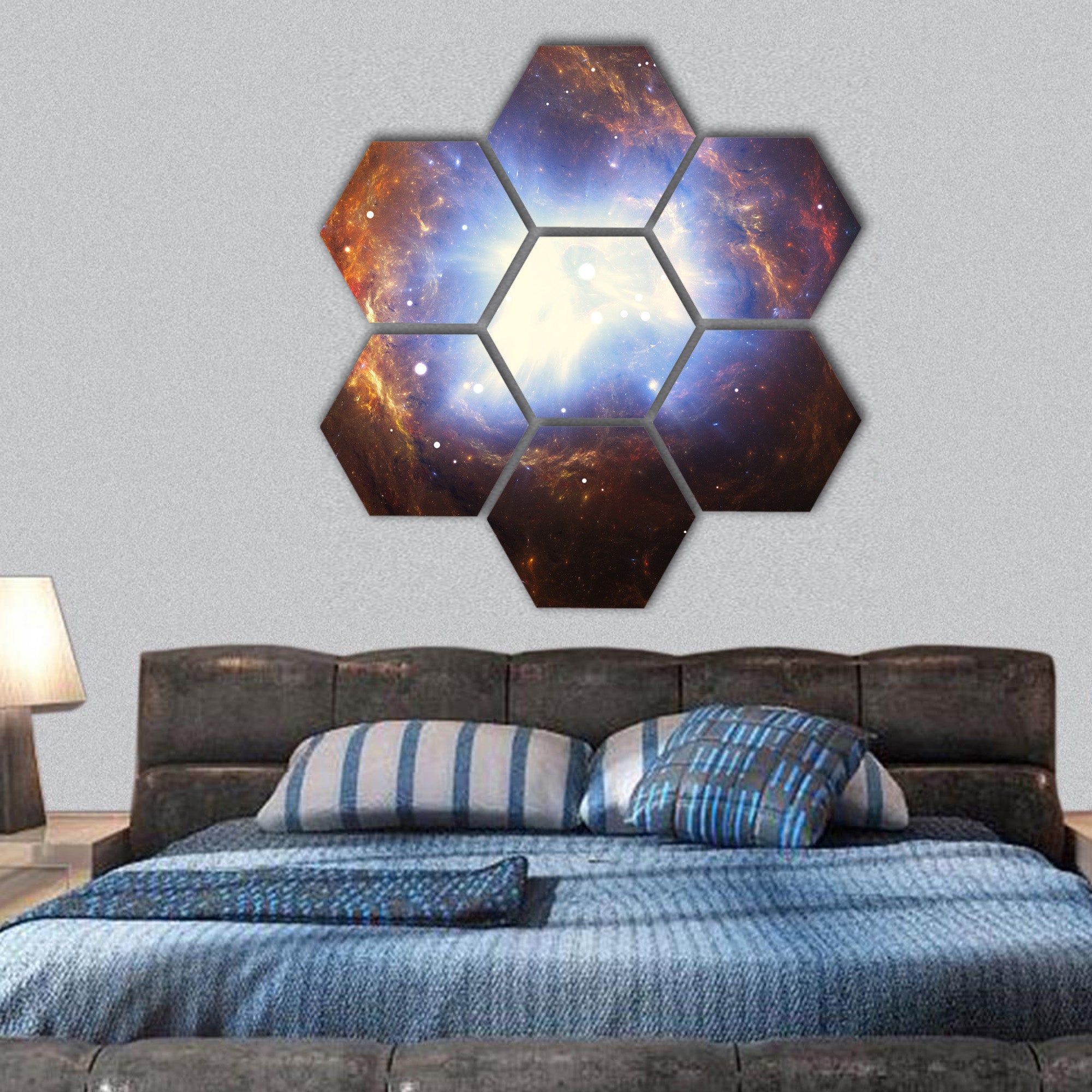 Colorful nebula created by a supernova explosion hexagonal canvas wall art