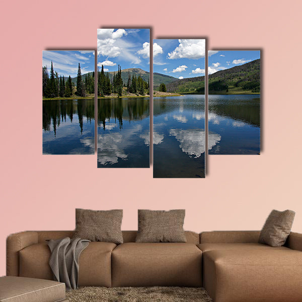 In this scene, afternoon clouds reflect from Pearl Lake multi panel canvas wall art